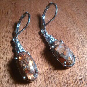 Matrix Fire Opal Solitaire Lever Back Platinum Over Copper Earrings